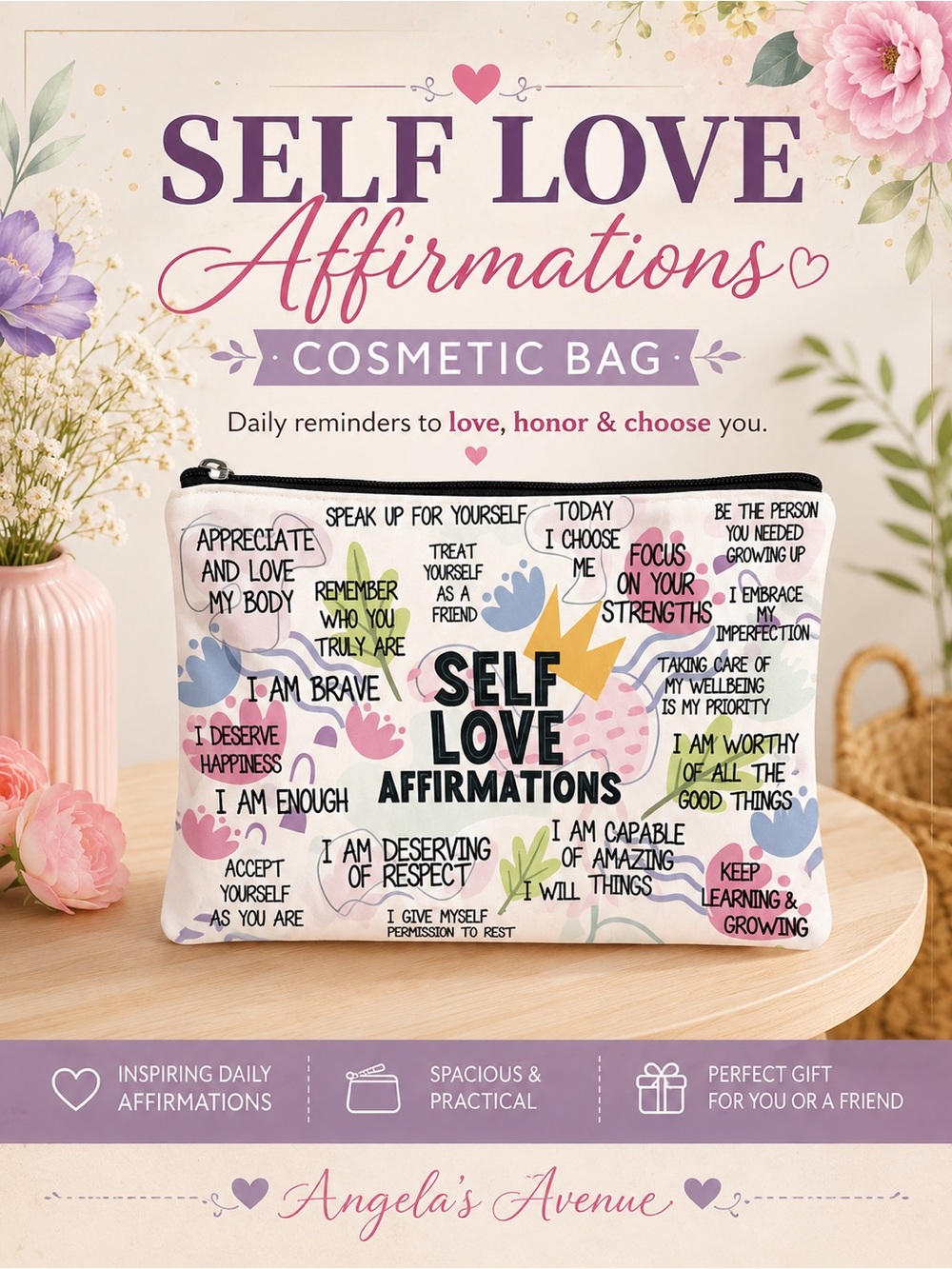 Self Love Affirmations Cosmetic Bag - - Multicolor NEW